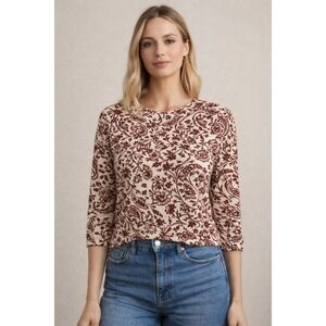 Parallel Skies Womens Floral Paisley Dolman Sleeve Blouse Burgundy Cream Medium